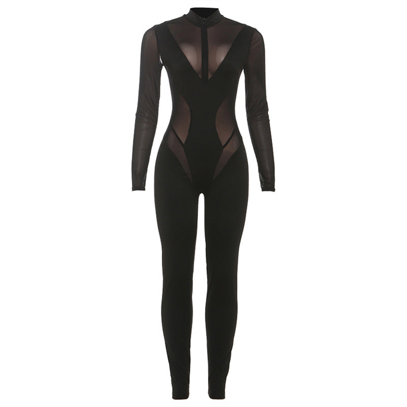SXR autumn sheer mesh zipper solid color long sleeve tight jumpsuit