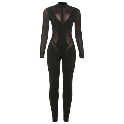 SXR autumn sheer mesh zipper solid color long sleeve tight jumpsuit