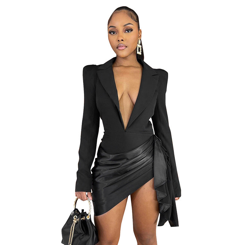 DZHT Q25DS432 deep V-neck pleated long sleeve waist suit skirt