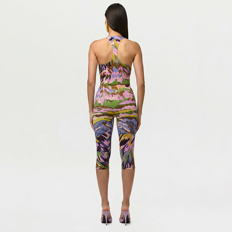 DZHT J26ST195 printed sleeveless leotard tight cropped pants two-piece suit