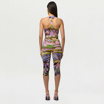DZHT J26ST195 printed sleeveless leotard tight cropped pants two-piece suit
