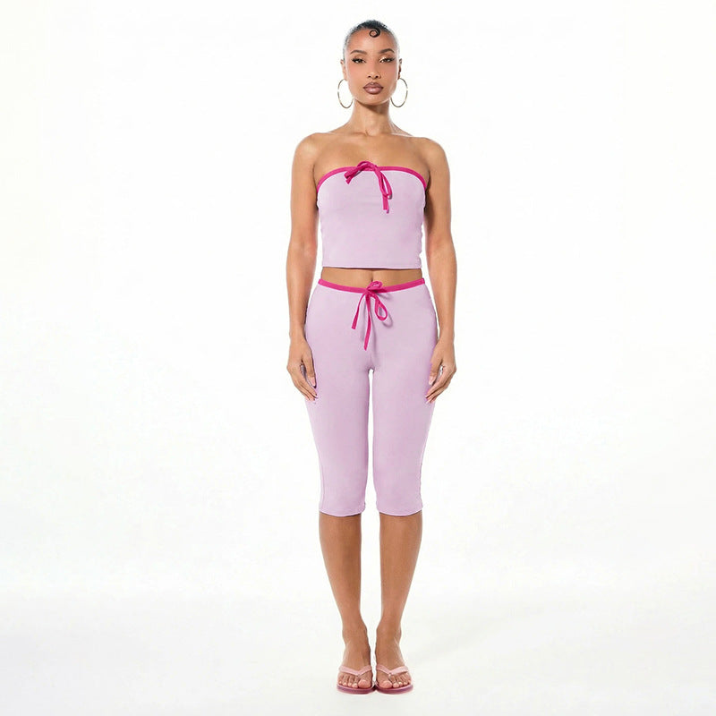 DZHT Q26ST074 sleeveless midriff-baring tube top tight cropped pants contrast color suit