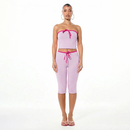 DZHT Q26ST074 sleeveless midriff-baring tube top tight cropped pants contrast color suit
