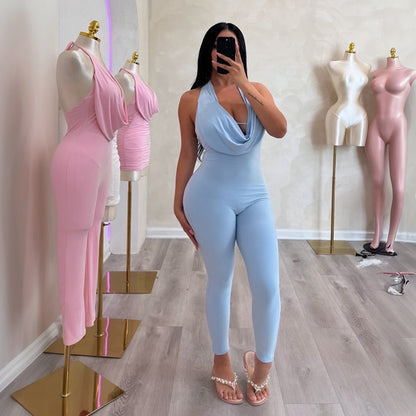 DZHT D26JP151 backless solid color swing collar halter strap tight one-piece trousers