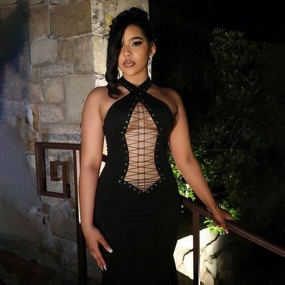 DLS 2026 spring halter cross strap sexy backless waist trimming sheath dress