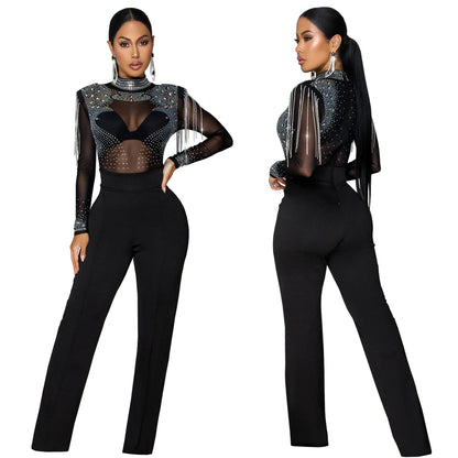 XYZ C7579 sheer mesh hot drilling long sleeve jumpsuit