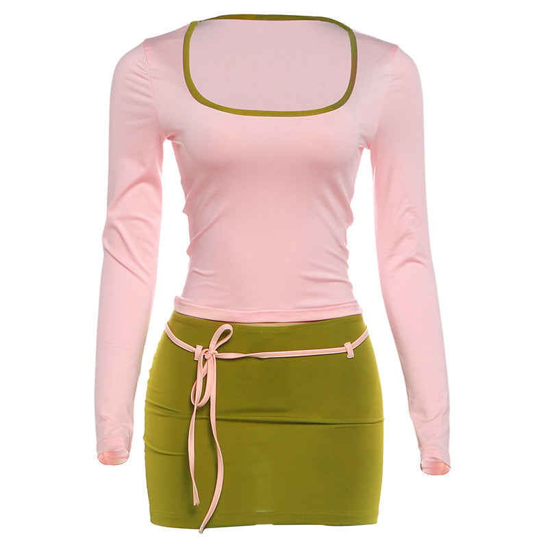 SXR K6S14175A long sleeve top drawstring sheath skirt outfit