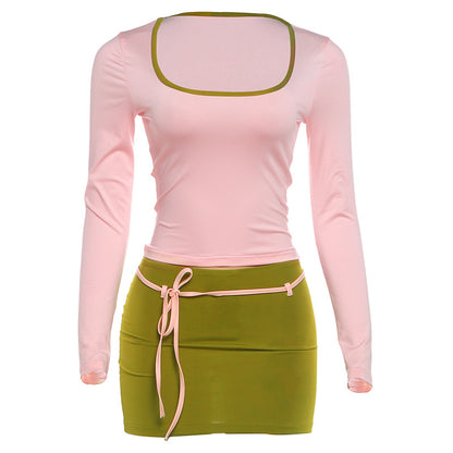 SXR K6S14175A long sleeve top drawstring sheath skirt outfit