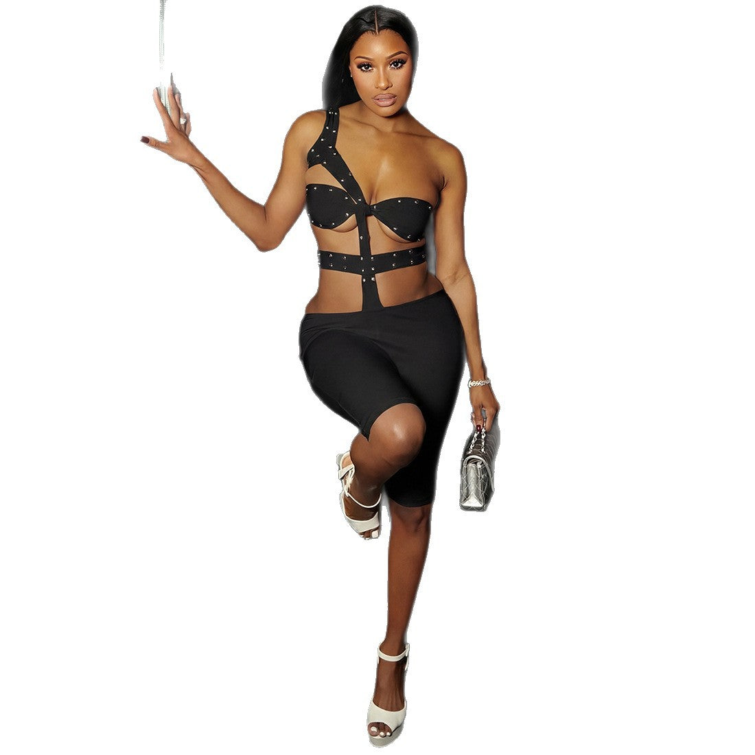 DLS Spring trend personality rivets sexy cutout tight five-point jumpsuit