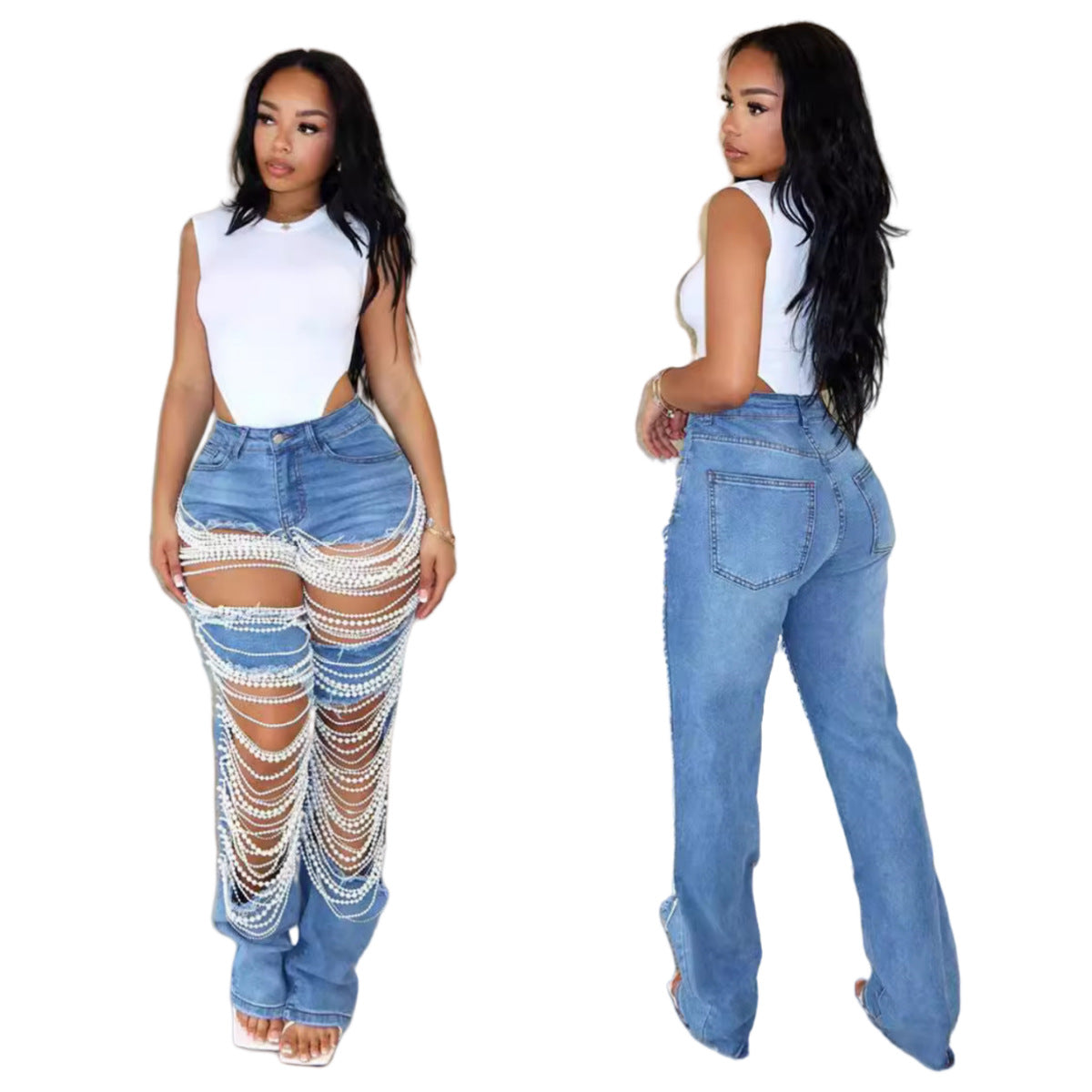 MZ (S-2XL) MZ88586 ripped pearl chain decorative jeans