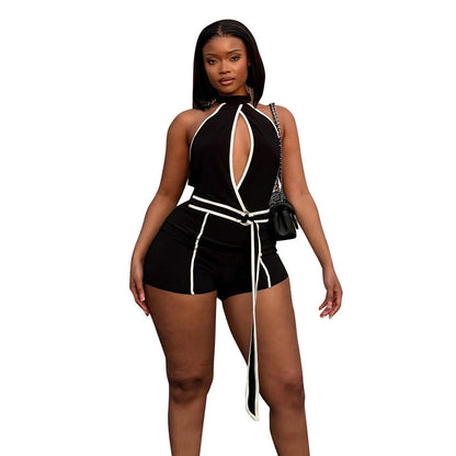 DZHT J26RP146 summer contrast color halter strap one-piece shorts