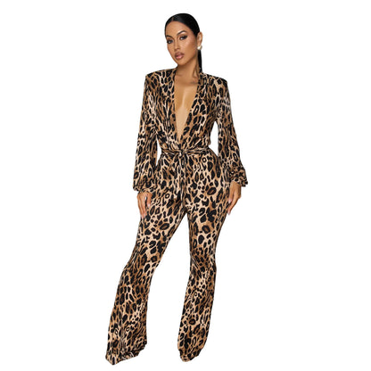 XYZ C7586 deep V leopard print comfortable jumpsuit