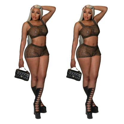 MZ (S-2XL) leopard print MZ88624 mesh suit stretch vest shorts set