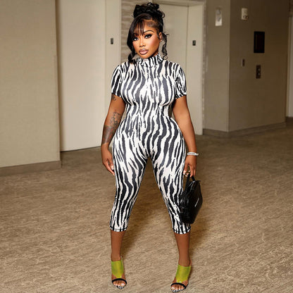 DZHT D26JP191 printed half turtleneck short sleeve backless tight one-piece cropped pants