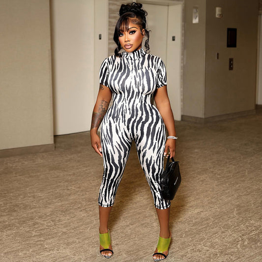 DZHT D26JP191 printed half turtleneck short sleeve backless tight one-piece cropped pants