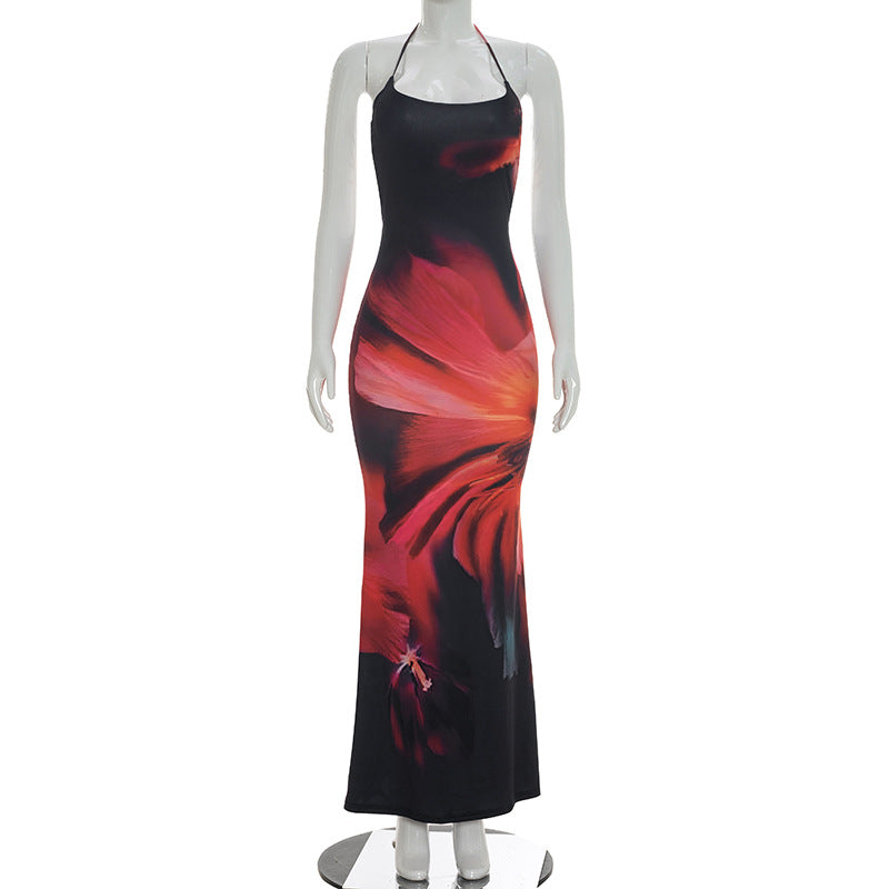 DZHT D26DS089 floral print halter lace-up bare back dress long dress