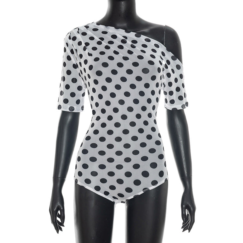 DZHT J26BS139 summer dot mesh see-through off-the-shoulder short sleeve rompers