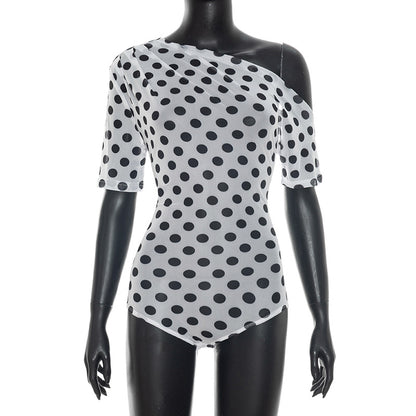 DZHT J26BS139 summer dot mesh see-through off-the-shoulder short sleeve rompers