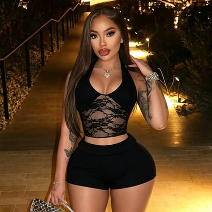 DZHT J26ST192 lace stitching halter strap backless top shorts suit