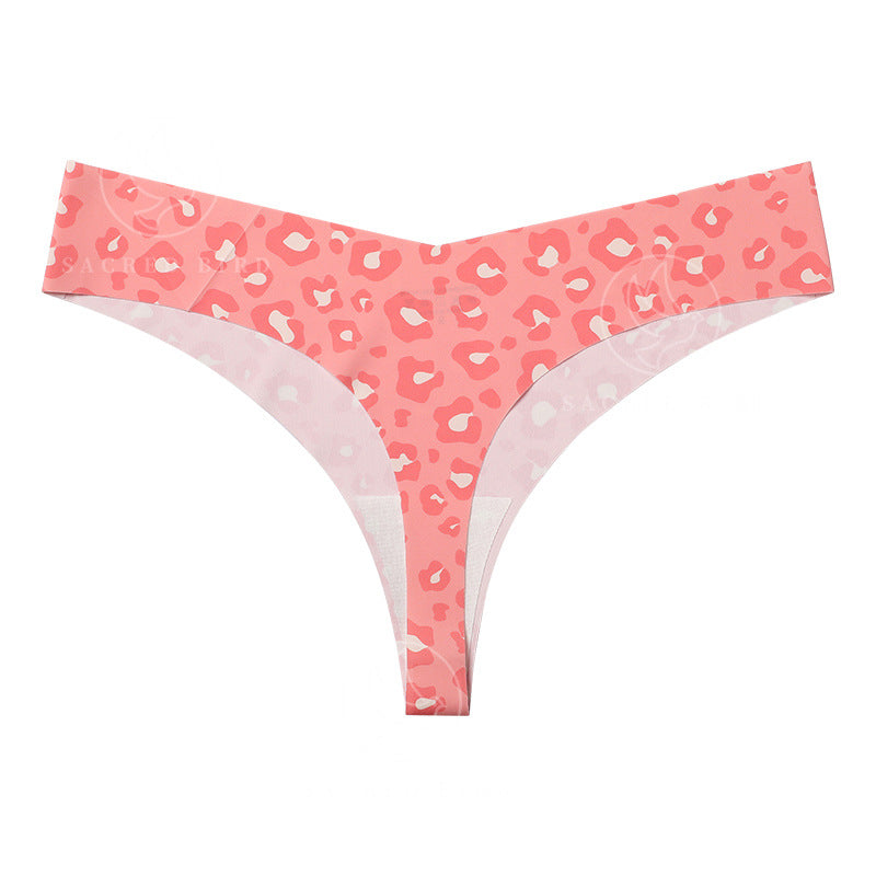 T-shaped panties low waist plus size breathable purified cotton crotch underwear seamless Ice Silk quick-drying leopard print T-back sheath