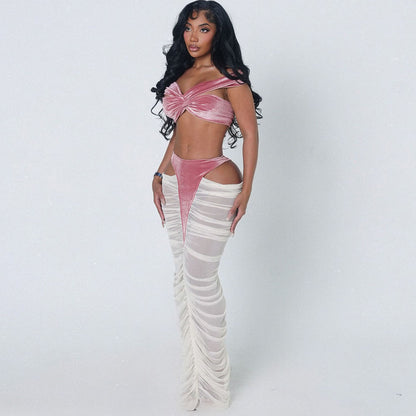 SXR autumn and winter tube top high waist stitching see-through skirt suit