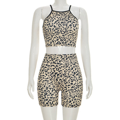 DZHT J26ST217 leopard print midriff-baring camisole tight shorts two-piece suit