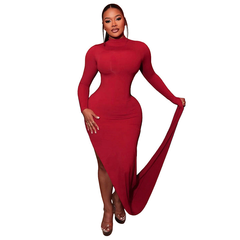 DZHT D26DS287 slim-fit half-turtleneck oblique sleeve dress