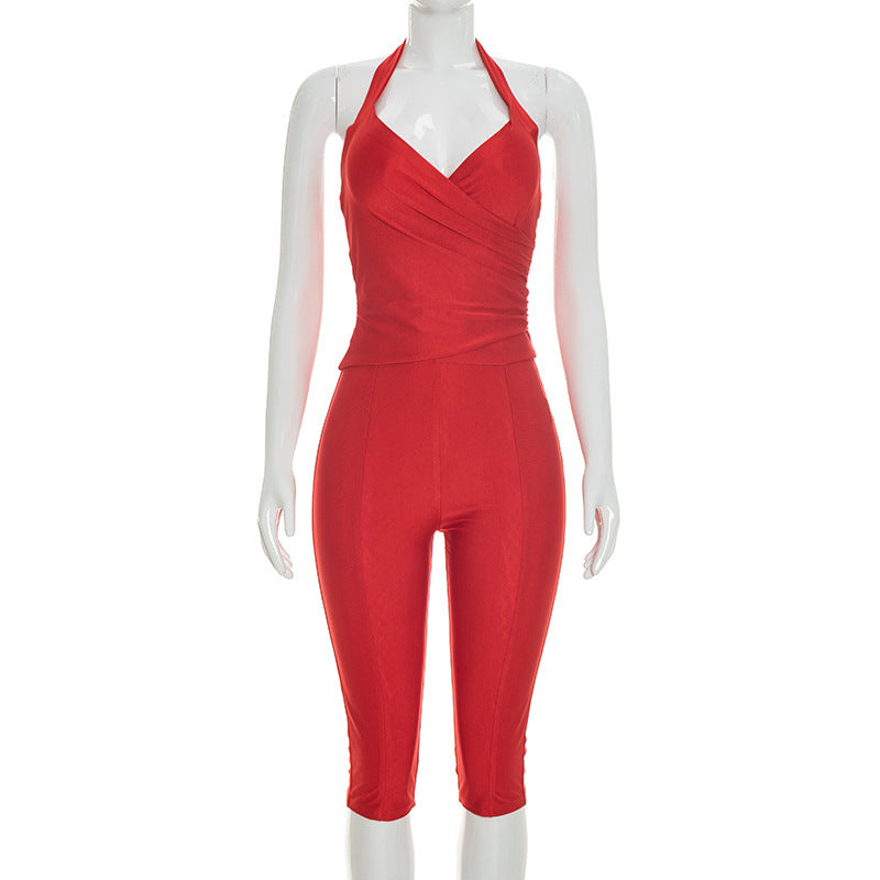 DZHT Y26ST219 pure color halter lace-up pleated top tight cropped pants two-piece suit