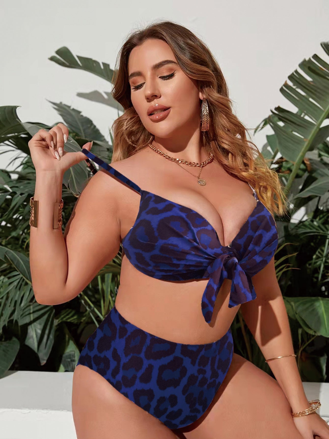 LF (L-4XL) women's split color printing swimsuit plus size