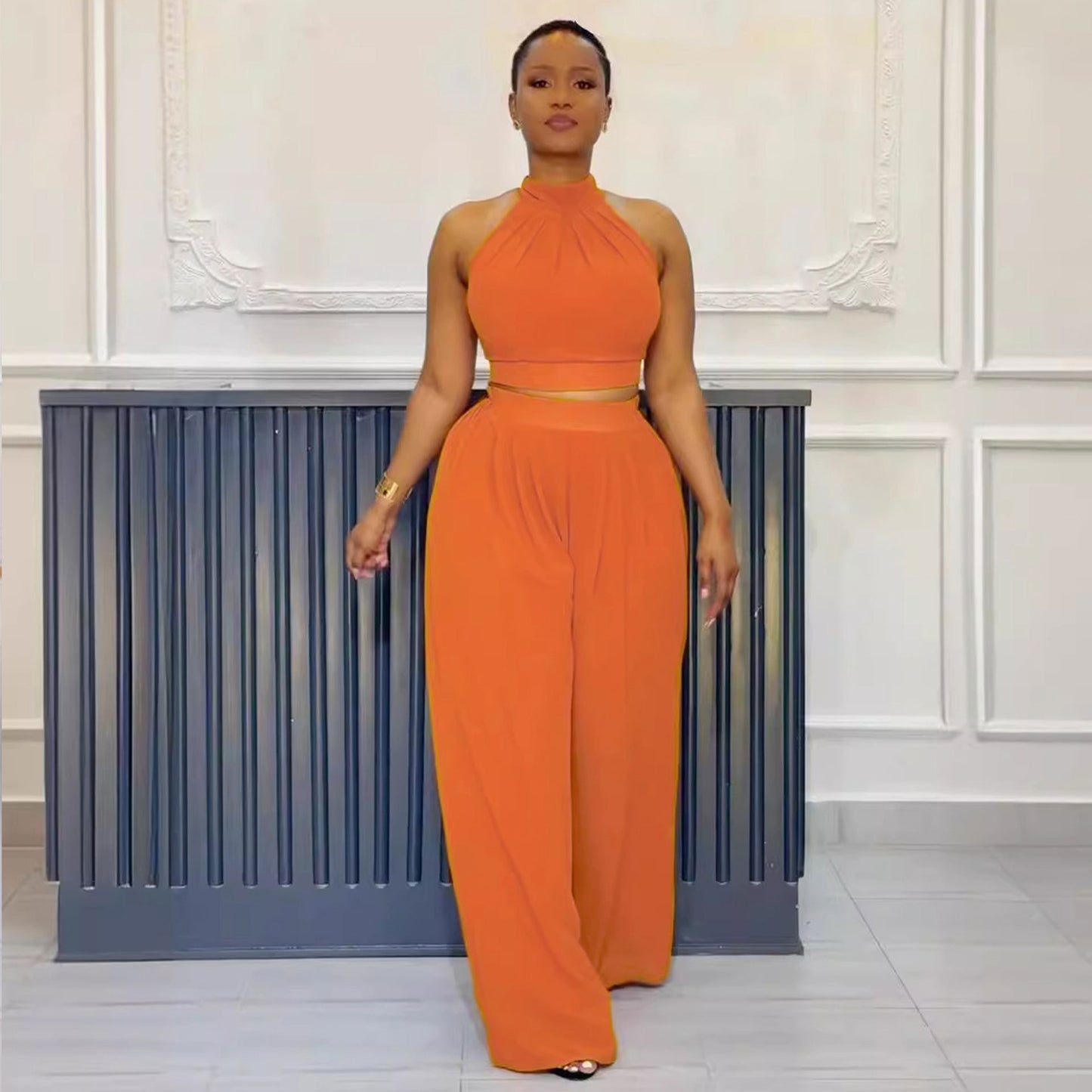 GY (S-3XL) S10773 pleated sleeveless high waist top wide leg pants two-piece set