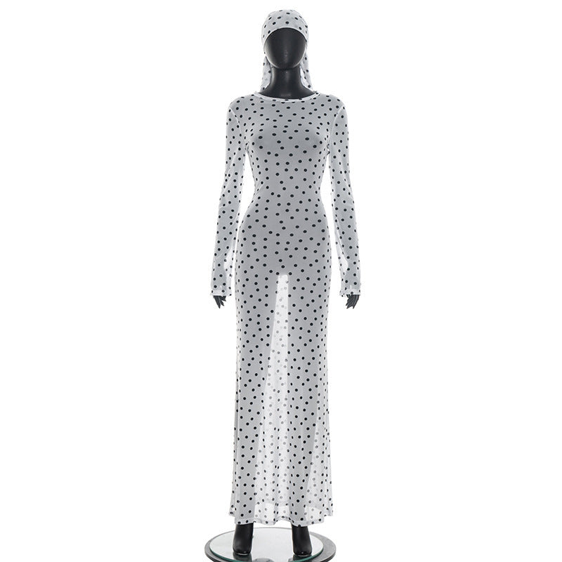 DZHT D26DS135 fashionable see-through polka dot printed mesh headband long sleeve dress