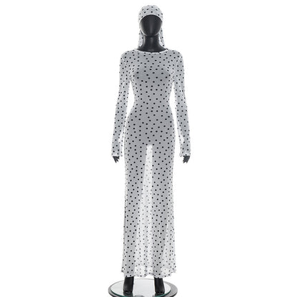 DZHT D26DS135 fashionable see-through polka dot printed mesh headband long sleeve dress