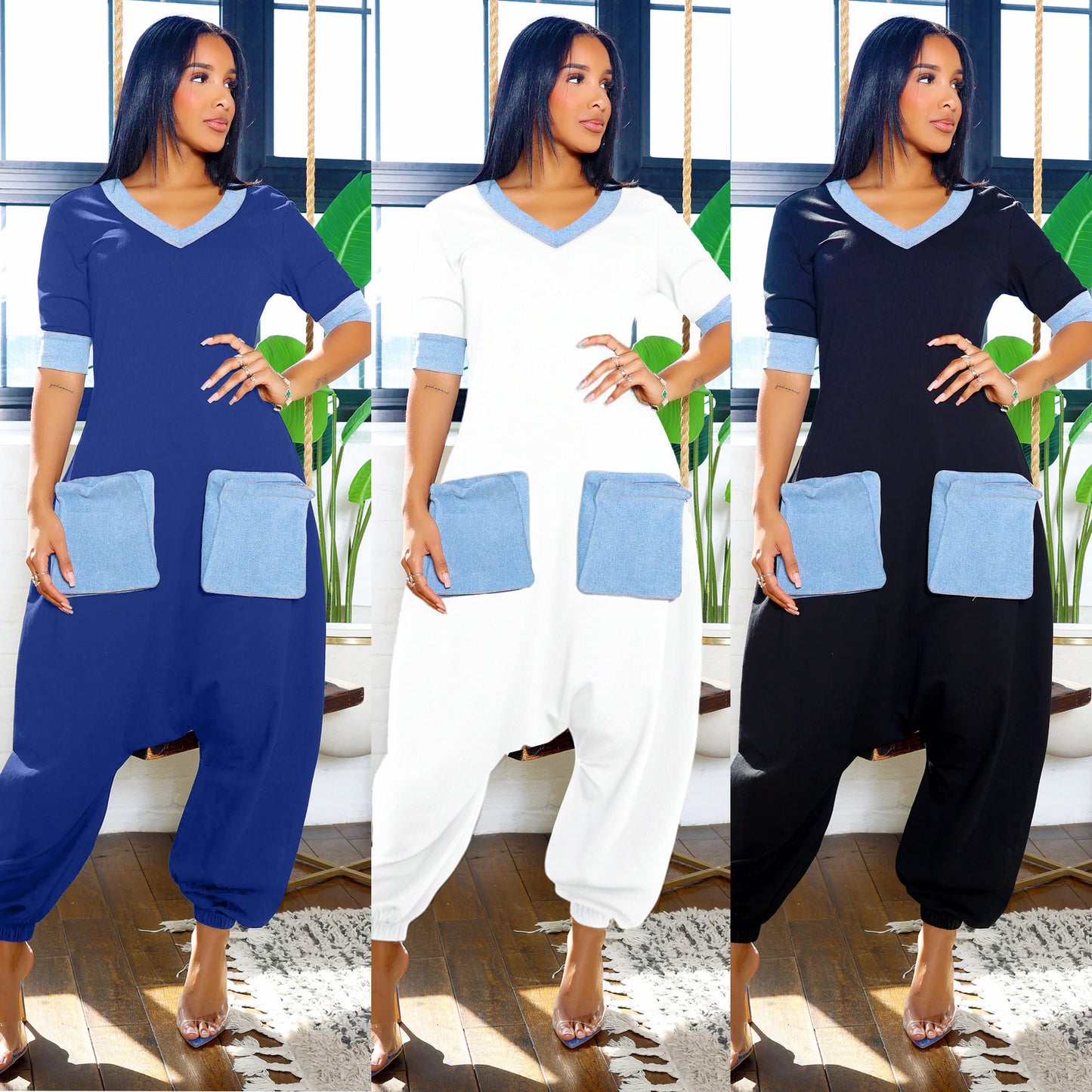 GY (S-3XL) K3600 V-Neck Denim stitching contrast color loose jumpsuit