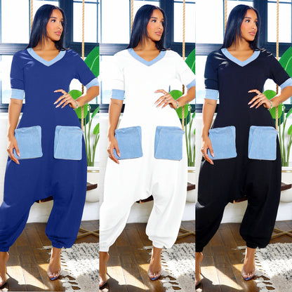GY (S-3XL) K3600 V-Neck Denim stitching contrast color loose jumpsuit