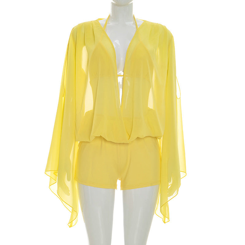 DZHT D26ST103 chiffon hollow-out deep V flared long-sleeved top and shorts summer suit