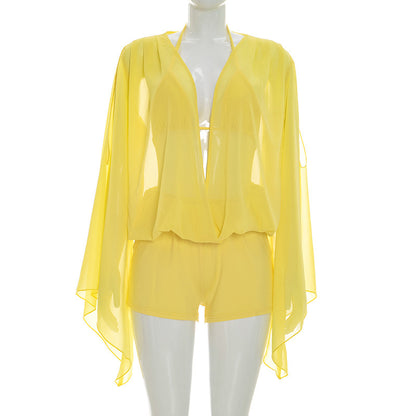 DZHT D26ST103 chiffon hollow-out deep V flared long-sleeved top and shorts summer suit
