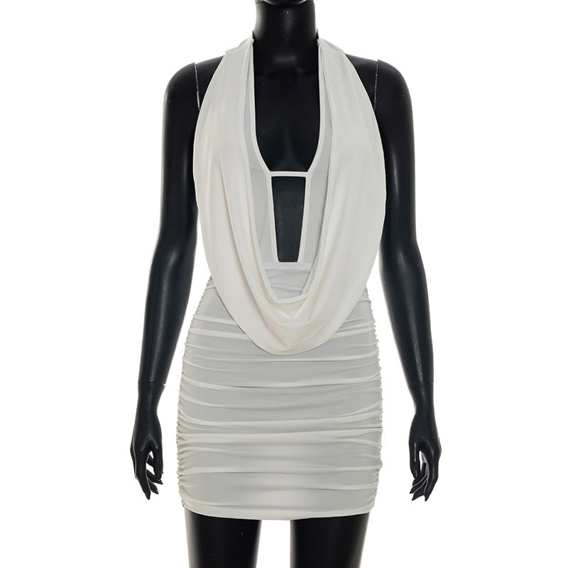 DZHT D26DS035 spring halter swing collar bare back lace-up sheath dress
