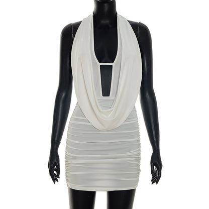 DZHT D26DS035 spring halter swing collar bare back lace-up sheath dress