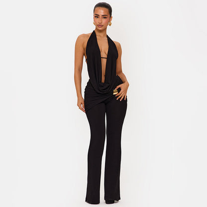 DZHT D25ST556 halter swing collar backless rope top metal buckle bootcut pants two-piece suit