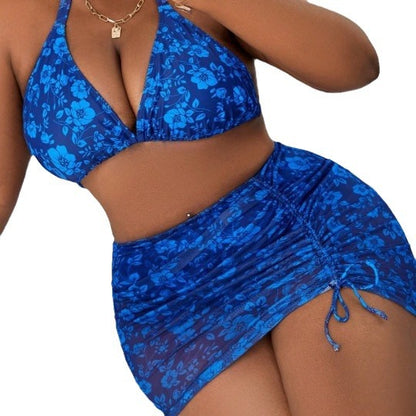 CL (L-4XL) printed lace-up beach plus size swimsuit women's bikini three-piece hot spring