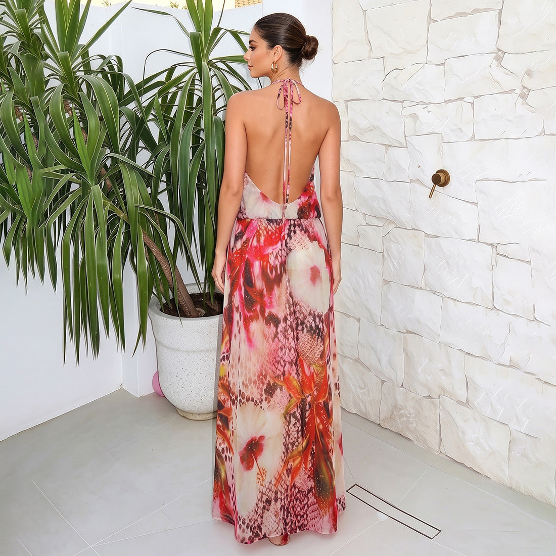 SXR K6D11504A summer V-neck halter backless slit dress