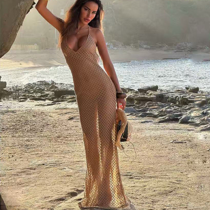 CYB beach skirt deep V halter sheath backless knitted dress