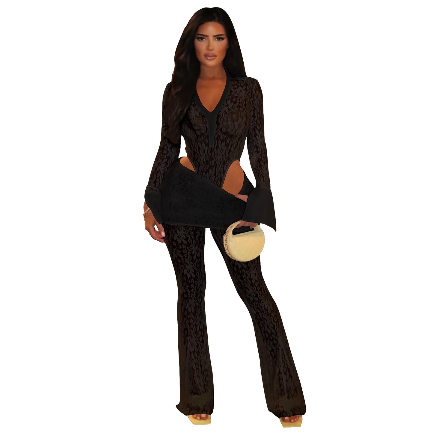 MYF (S-2XL) 10835 see-through jumpsuit lace two-piece set