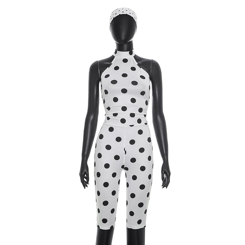 DZHT D26JP095 polka dot print hair band halter strap backless Siamese cropped pants