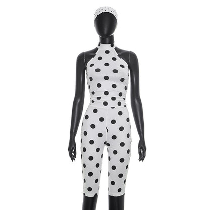 DZHT D26JP095 polka dot print hair band halter strap backless Siamese cropped pants