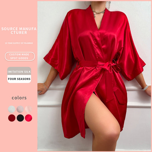 DNL emulation silk nightgown pajamas loose cardigan lace bathrobe women