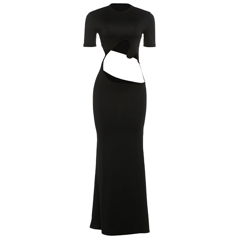 DLS Spring round neck sexy hollow-out elegant slim-fit short-sleeved dress