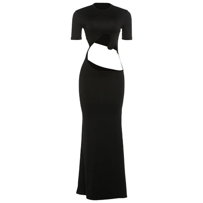 DLS Spring round neck sexy hollow-out elegant slim-fit short-sleeved dress