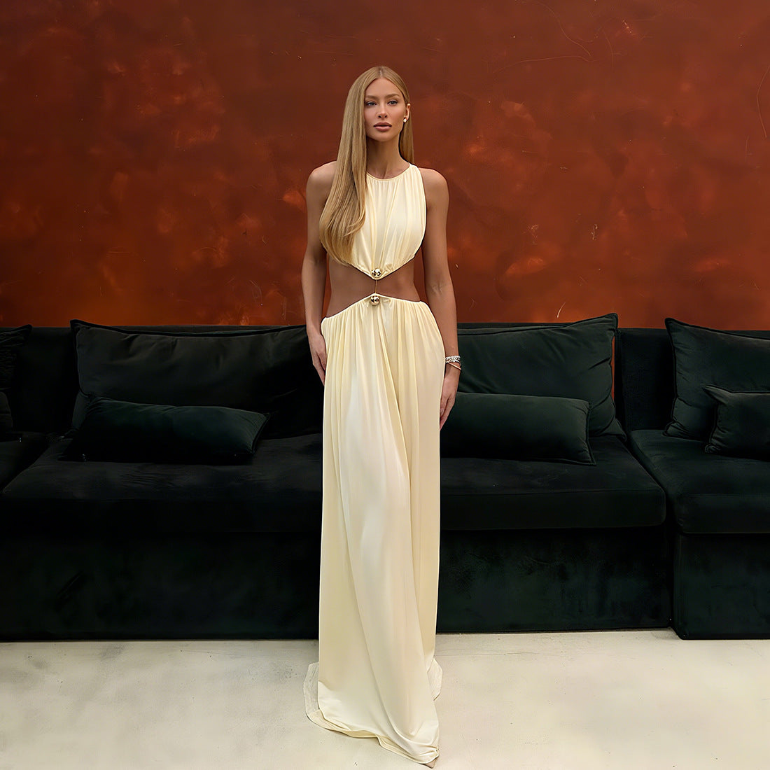 SXR autumn fashion midriff outfit long dress round neck sleeveless solid color dress