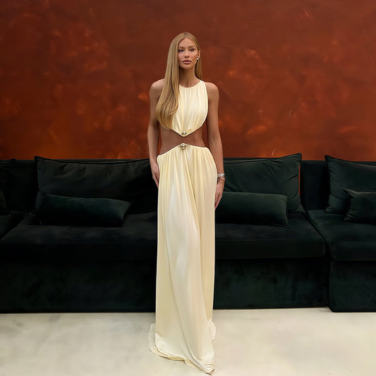 SXR autumn fashion midriff outfit long dress round neck sleeveless solid color dress